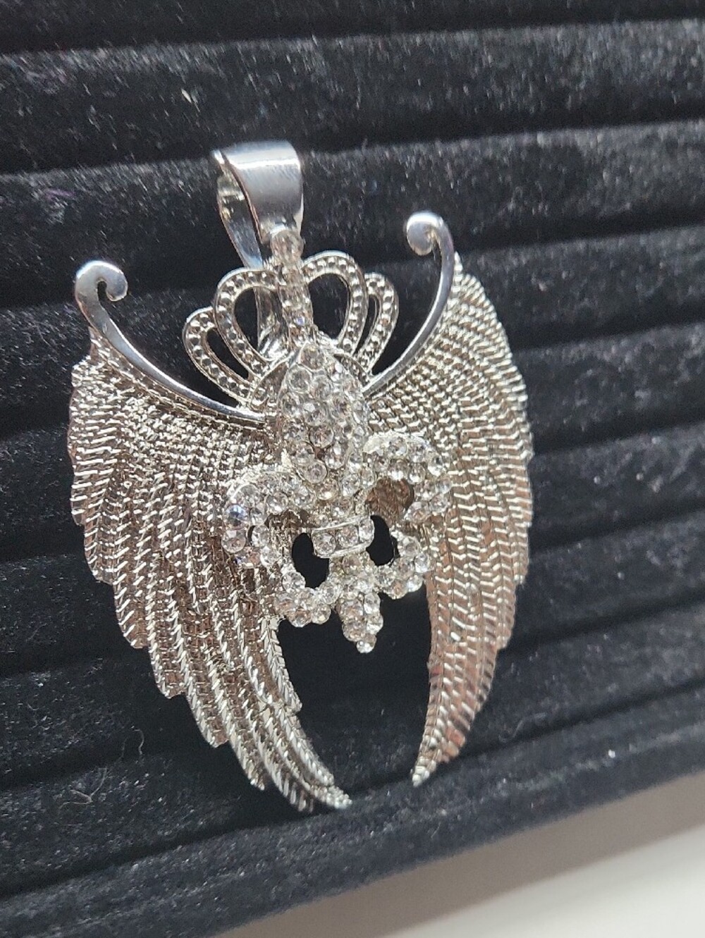 Silver-tone Angel Wing Pendant Necklace with Crown And Fleur De Lis - Picture 3 of 4